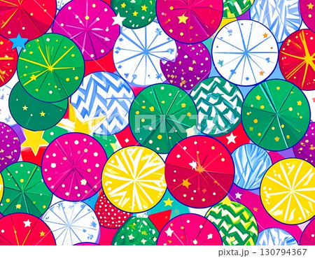 カラフルでポップな模様入り毛糸玉が散りばめられた楽しいイラスト背景 130794367