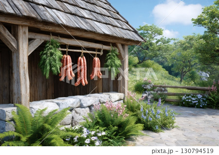 Sausages hanging and drying under wooden roof of small country house Sausages hanging and drying under wooden roof of small country house 130794519