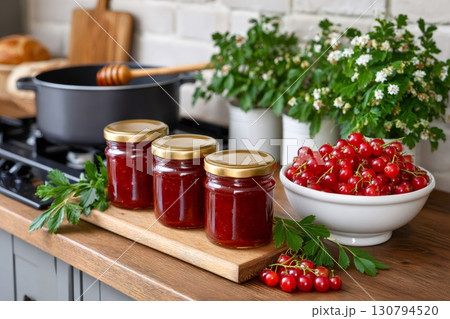 Jars of red currant jam, fresh red currant berries, and a cooking pot in the kitchen Jars of red currant jam, fresh red currant berries, and a cooking pot in the kitchen 130794520