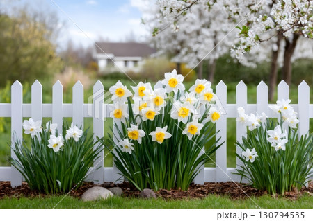 White daffodils blooming behind white picket fence in spring 130794535