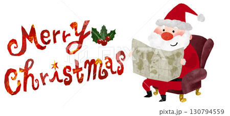 メリークリスマスのかわいいロゴ文字と地図を見ている笑顔のサンタクロースの切り絵風イラスト 130794559