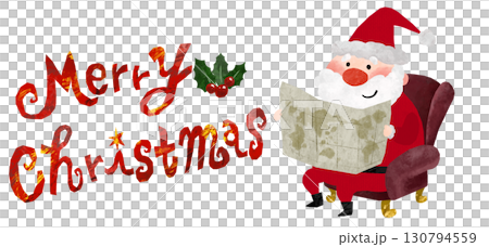 メリークリスマスのかわいいロゴ文字と地図を見ている笑顔のサンタクロースの切り絵風イラスト 130794559
