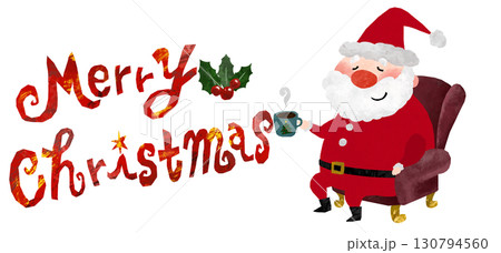 切り絵風のおしゃれなメリークリスマスのロゴとコーヒーを飲んでリラックスするサンタクロース 130794560
