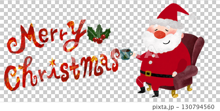 切り絵風のおしゃれなメリークリスマスのロゴとコーヒーを飲んでリラックスするサンタクロース 130794560