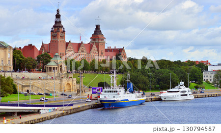 Szczecin, Poland. 16 July 2025. Landscape view and ships and boats on the Odra River  130794587