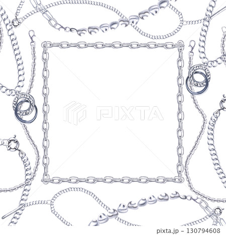 Square frame with interwoven chains, pendants, pearls, silver pendants. Watercolor illustration is hand-drawn for packaging design, interior design, printing on fabric. 130794608