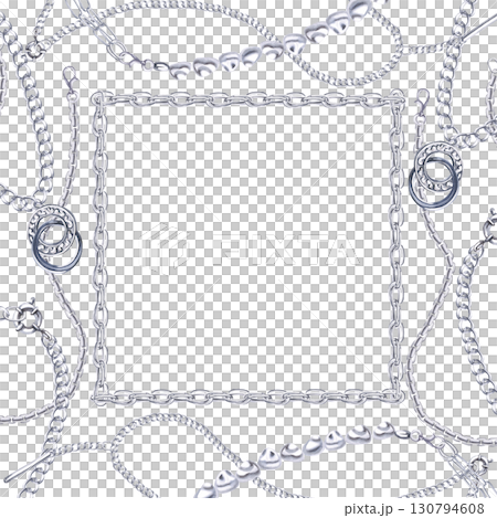 Square frame with interwoven chains, pendants, pearls, silver pendants. Watercolor illustration is hand-drawn for packaging design, interior design, printing on fabric. 130794608