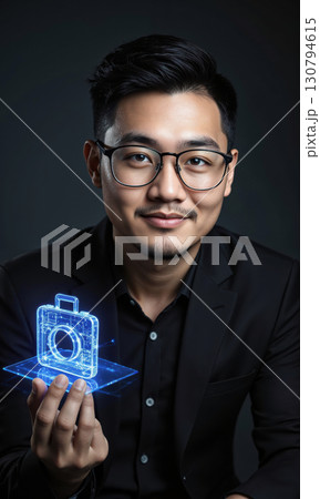 Asian male executive with glasses, calm expression, holding a stylized holographic briefcase symbolizing business strategy and future planning. Asian male executive with glasses, calm expression, holding a stylized holographic briefcase symbolizing business strategy and future planning. 130794615