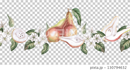 Seamless border with whole and parts of pear and flowering branches. Isolated watercolor illustration for packaging design of products from this fruit, kitchen textiles and interior design. Seamless border with whole and parts of pear and flowering branches. Isolated watercolor illustration for packaging design of products from this fruit, kitchen textiles and interior design. 130794632