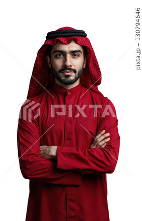 A Middle Eastern male entrepreneur in crimson, arms folded, with glowing lines of business connections flowing around him, symbolizing strength A Middle Eastern male entrepreneur in crimson, arms folded, with glowing lines of business connections flowing around him, symbolizing strength 130794646