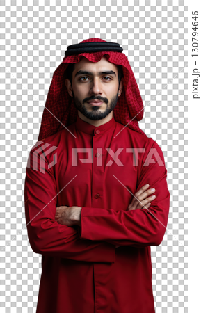 A Middle Eastern male entrepreneur in crimson, arms folded, with glowing lines of business connections flowing around him, symbolizing strength A Middle Eastern male entrepreneur in crimson, arms folded, with glowing lines of business connections flowing around him, symbolizing strength 130794646
