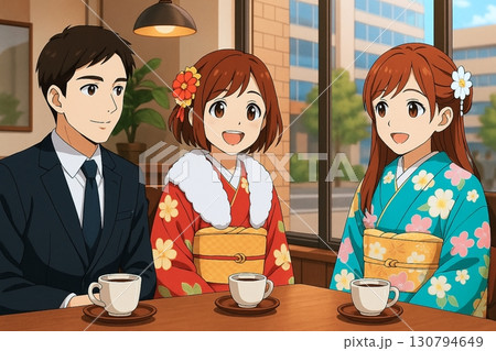 成人式後にカフェで語らう男女の和やかな時間 130794649