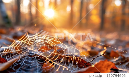 Spider web glistening with morning dew during sunrise in autumn forest 130794693