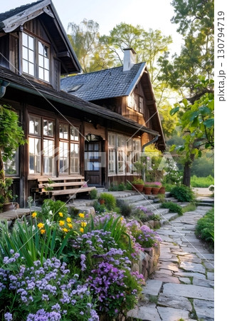 Charming wooden house with beautiful garden blooming in spring 130794719
