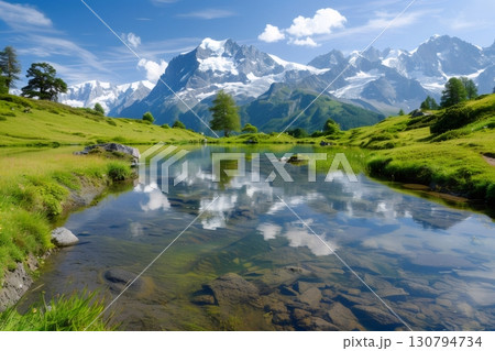 Mont Blanc reflecting in the Cheserys lake in the French Alps 130794734