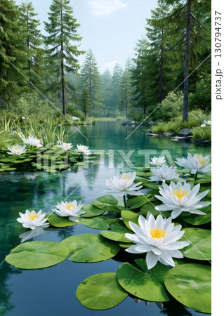 White water lilies floating on a forest pond 130794737