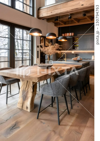Modern kitchen with island and large wooden table illuminating hanging lamps 130794763