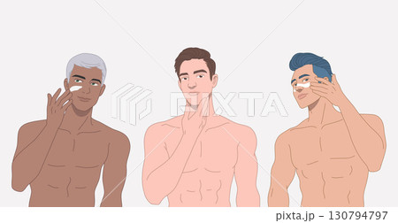 Set young man applied the cream to his face, after shaving, Men's skin care concept, Shirtless torso, cosmetic skin care banner. Vector design illustration. 130794797