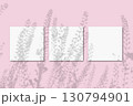 Natural light casts shadows from the field grass on 3 square sheets of white paper lying on a pink background. Mockup 130794901