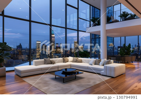 Modern luxury penthouse apartment overlooking New York City at night Modern luxury penthouse apartment overlooking New York City at night 130794991