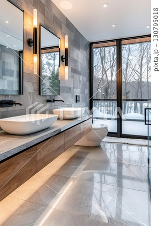 Modern bathroom boasting sleek design with snowy outdoor view 130795018