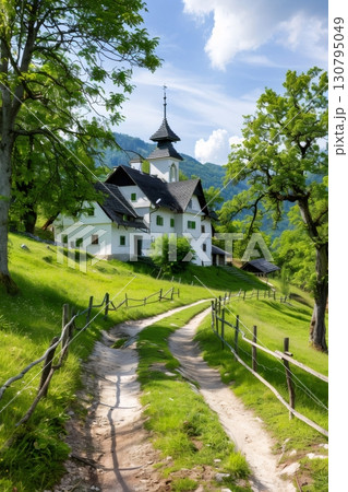 Winding dirt road leading to idyllic church in Slovenian countryside 130795049