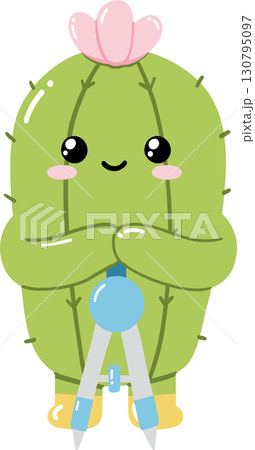 Cute cartoon cactus holding drawing compass with flower on top 130795097