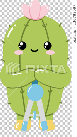 Cute cartoon cactus holding drawing compass with flower on top 130795097