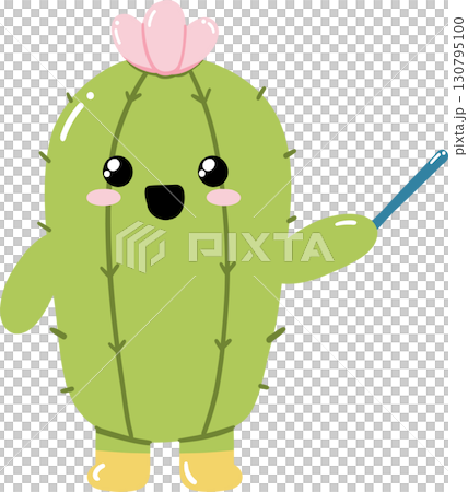 Cute cartoon cactus character holding selfie stick with flower on head 130795100