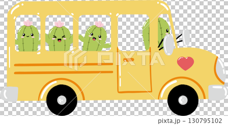Cute cartoon cactuses riding yellow school bus with heart decoration 130795102