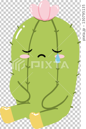 Sad cartoon cactus sitting with a tear and pink flower on top 130795135
