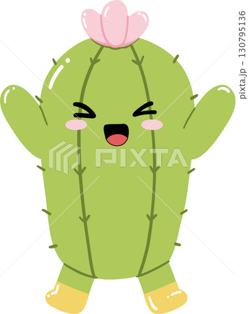 Cute cartoon cactus character smiling with flower and boots Cute cartoon cactus character smiling with flower and boots 130795136