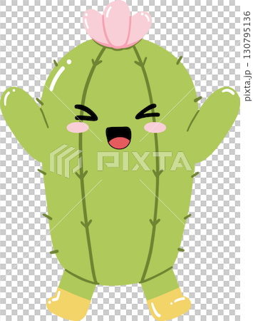Cute cartoon cactus character smiling with flower and boots Cute cartoon cactus character smiling with flower and boots 130795136