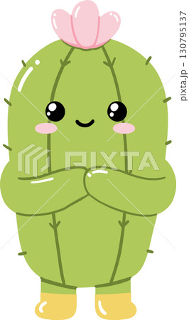 Cute cartoon cactus character standing with arms crossed and flower on head Cute cartoon cactus character standing with arms crossed and flower on head 130795137