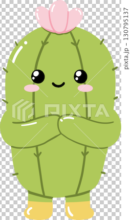 Cute cartoon cactus character standing with arms crossed and flower on head 130795137