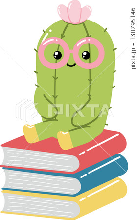 Cute cartoon cactus character sitting on stack of books with glasses and flower 130795146