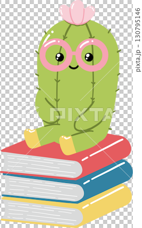 Cute cartoon cactus character sitting on stack of books with glasses and flower 130795146