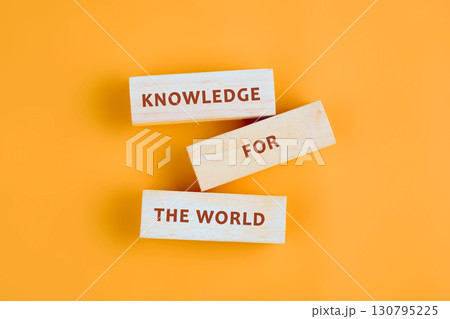 Concepts of business organizations and industries. KNOWLEDGE FOR THE WORLD assembled from blocks on orange background, top view Concepts of business organizations and industries. KNOWLEDGE FOR THE WORLD assembled from blocks on orange background, top view 130795225