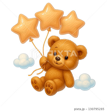 Cute teddy bear holding star balloons with clouds 130795285