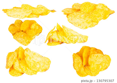 Pile of Salty Snack Chips on Clean White Background 130795307