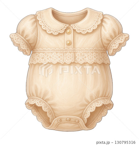 Vintage baby romper with lace collar and buttons, soft beige 130795316
