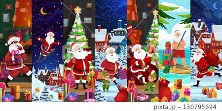 Christmas Santa characters collage for winter holiday or New Year, cartoon vector. Christmas collage with funny Santa on summer beach or with gift bag and flying on skis in night sky with elf 130795694