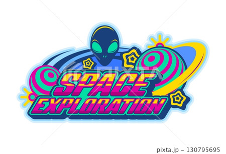 Space exportation Y2K retro icon or symbol. Universe SCI-FI UFO vintage vector icon, space invader Y2K symbol. Cosmos alien retro emblem or sign with humanoid alien head and vibrant colors typography 130795695