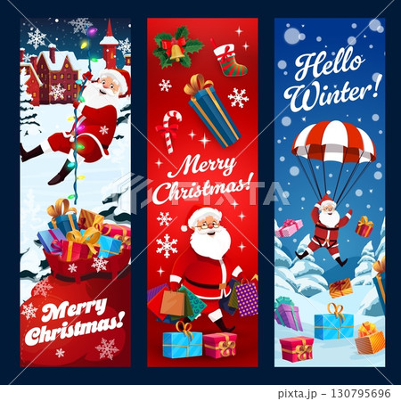 Christmas banners with cheerful Santa characters for winter holidays, cartoon vector. Merry Christmas banners with Santa carrying gifts on parachute or on Christmas lights for New Year greetings 130795696