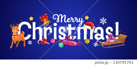 Merry Christmas greeting card with Santa sleigh and reindeer for winter holidays, cartoon vector. Merry Christmas greeting with New Year gifts, candy cane and snowflakes with Xmas tree decorations Merry Christmas greeting card with Santa sleigh and reindeer for winter holidays, cartoon vector. Merry Christmas greeting with New Year gifts, candy cane and snowflakes with Xmas tree decorations 130795701