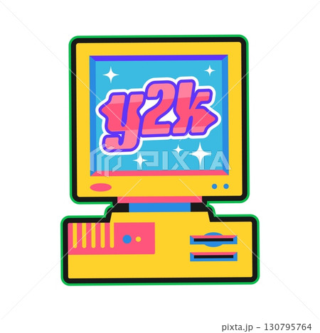 Vintage personal computer Y2K groovy sticker or vintage tag. Computer device groovy vector sticker, vintage digital gadget tag. PC technology label with yellow CRT monitor or screen, computer tower 130795764