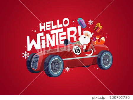 Hello winter Christmas quote and greeting card with Santa on sport car, cartoon vector. Christmas quote and New Year winter holiday greeting card with happy Santa, gifts and squirrel in snowflakes 130795780