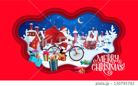 Christmas paper cut banner with Santa on bicycle with gifts bag, for winter holiday, vector greeting card. Merry Christmas banner with New Year gifts and village town in snow in paper cut frame Christmas paper cut banner with Santa on bicycle with gifts bag, for winter holiday, vector greeting card. Merry Christmas banner with New Year gifts and village town in snow in paper cut frame 130795782