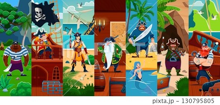 Caribbean pirate crew characters collage of corsair sailors on treasure island, cartoon vector. Pirate captain on ship and boatswain with sword, seaman corsair with hook hand and mermaid in sea Caribbean pirate crew characters collage of corsair sailors on treasure island, cartoon vector. Pirate captain on ship and boatswain with sword, seaman corsair with hook hand and mermaid in sea 130795805