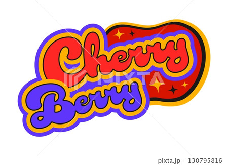 Fast food cherry berry vintage Y2K sticker or patch. Takeaway restaurant hippie vector sticker, street food menu vintage funky label. Fast food cafe tag or patch with vintage colorful typography Fast food cherry berry vintage Y2K sticker or patch. Takeaway restaurant hippie vector sticker, street food menu vintage funky label. Fast food cafe tag or patch with vintage colorful typography 130795816